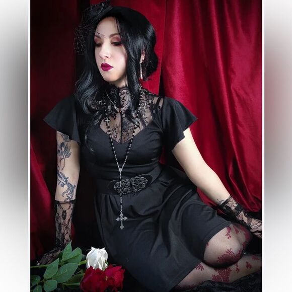 NWT Scarlet Darkness  Gothic Flutter Sleeve Lace Neck A-Line Dress Sz-22W - Picture 1 of 16